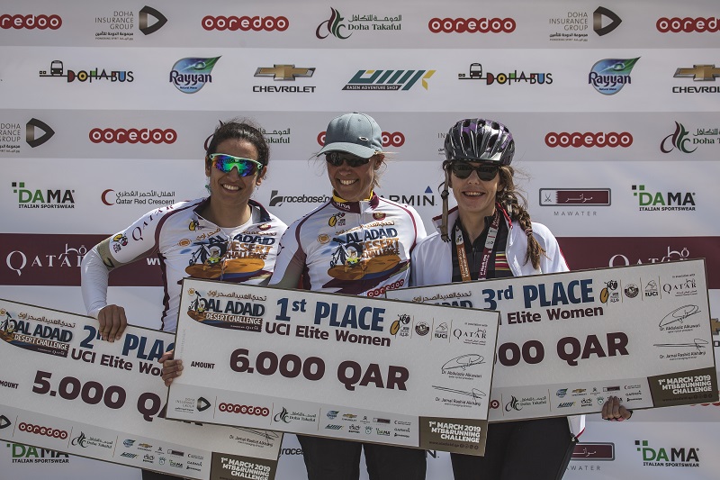 Finland&rsquo;s Pia Sundstedt (c), Qatar's Tala Abujbara and Marwa El Hage of Lebanon.