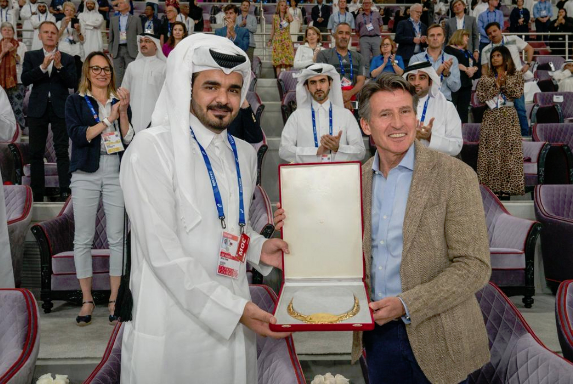 HE President of Qatar Olympic Committee (QOC), and chair of the World Athletics Championships organizing committee, Sheikh Joaan bin Hamad Al-Thani received the order of merit from HE President of the International Association of Athletics Federations Lord Sebastian Coe