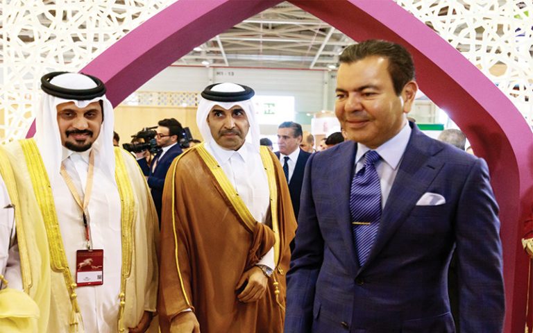 Prince Rachid (right) of Morocco tours Qatar&rsquo;s stand in the presence of Qatar Racing and Equestrian Club (QREC) chairman Issa bin Mohamed al-Mohannadi (centre) and QREC CEO Nasser bin Sherida al-Kaabi at the Salon du Cheval in El Jadida, Morocco on Monday.