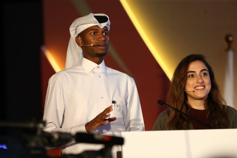Mutaz Essa Barshim and double Olympian Nada Arkaji during yesterday's 39th General Assembly of the Olympic Council of Asia.