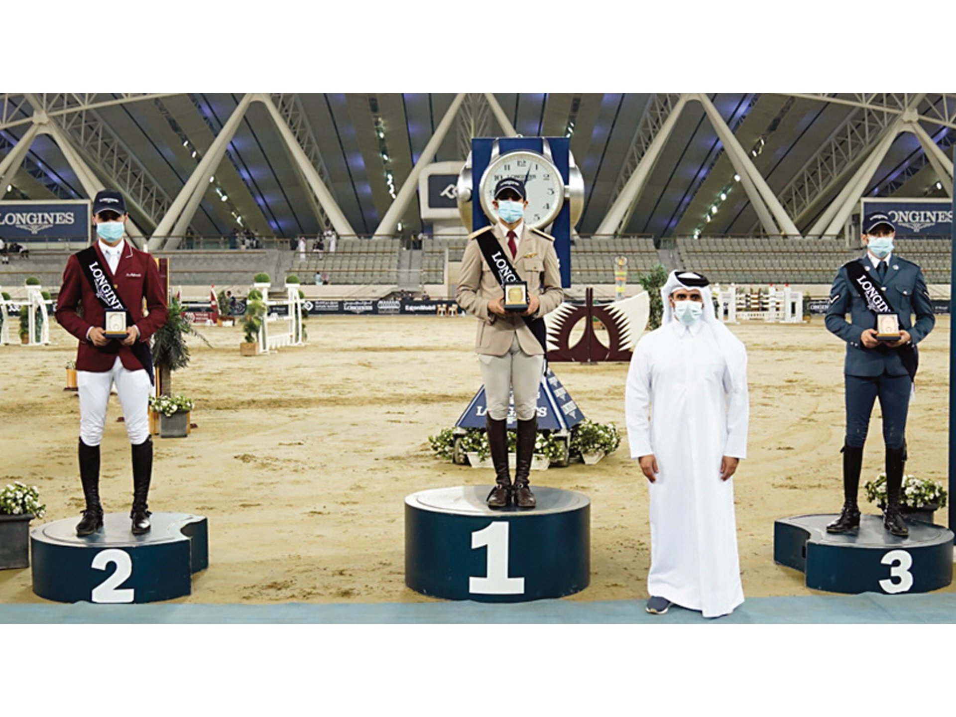 Salmeen Sultan al-Suwaidi astride Aslan 69 clears a hurdle during the Longines Qatar Equestrian Tour Hathab 
