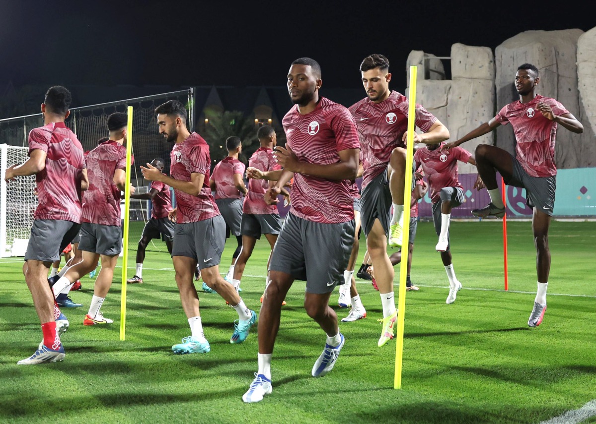 Qatar players during a training session at Aspire Zone, yesterday.